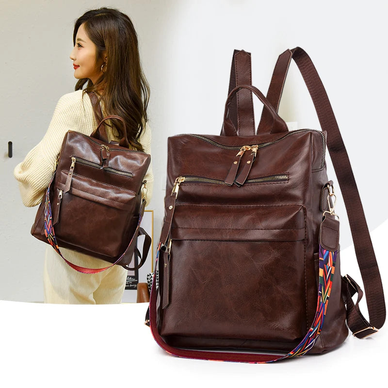 Amblot Coffee Large capacity leather knapsack