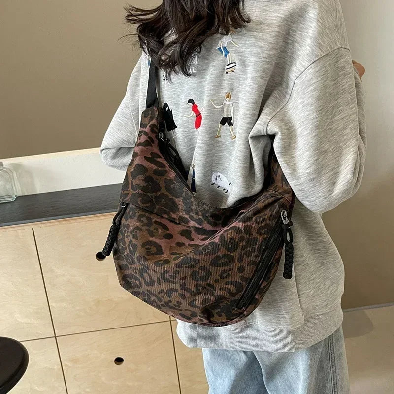 Amblot Coffee Leopard print corduroy crossbody handbag