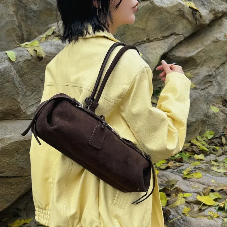 Amblot Coffee Rectangular suede handbag