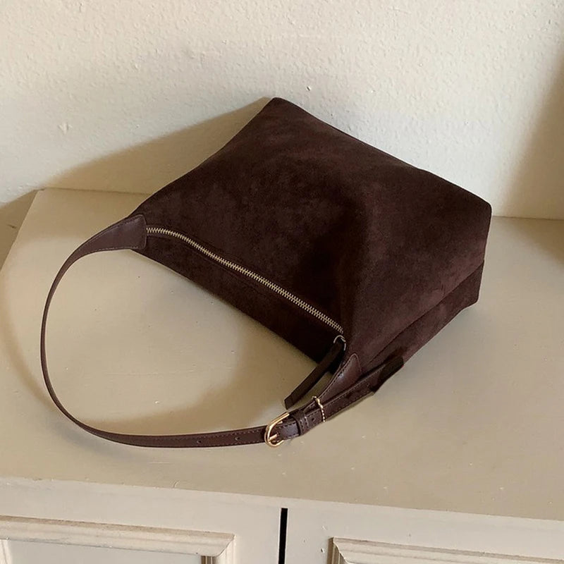 Amblot Coffee Simple suede shoulder bag with zipper pocket