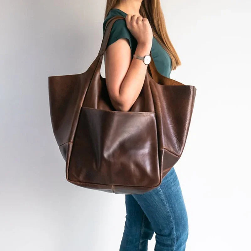 Amblot Coffee Soft oversized leather tote bag