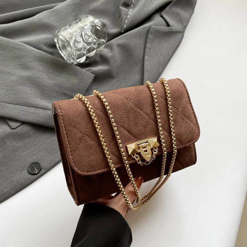 Amblot Coffee Suede crossbody purse with chain strap