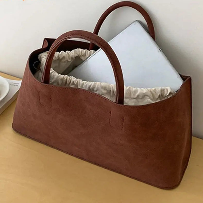 Amblot Coffee Suede tote bag with structured silhouette