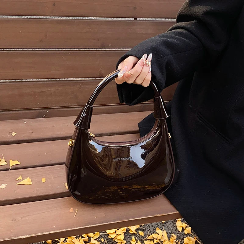 Amblot Coffee Women shiny leather hobo bag