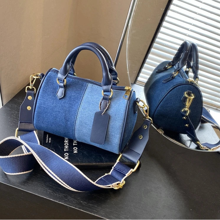 Amblot Dark Blue and Light Blue Retro large strap denim shoulder handbag