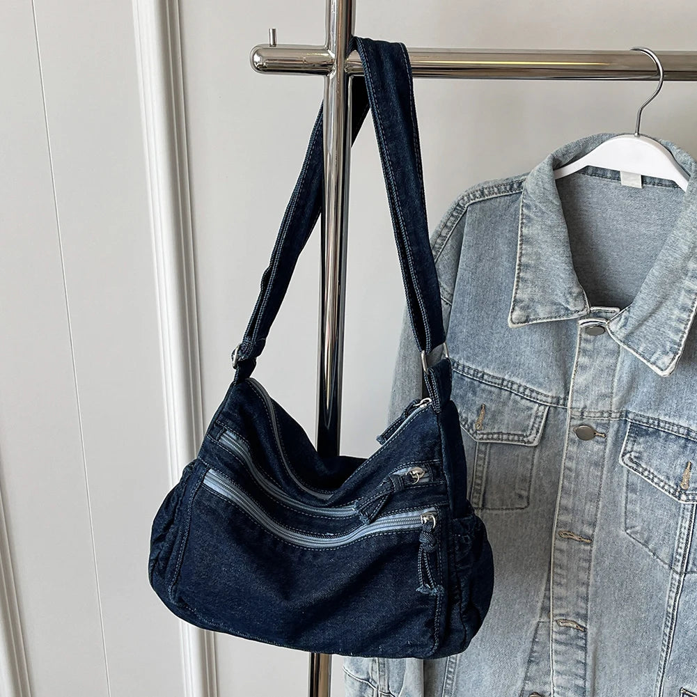 Amblot Dark Blue Classic denim shoulder handbag with zipper closure