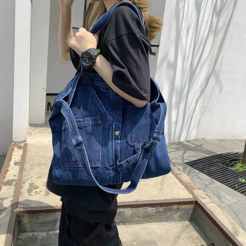 Amblot Dark Blue Classic denim tote bag with large capacity