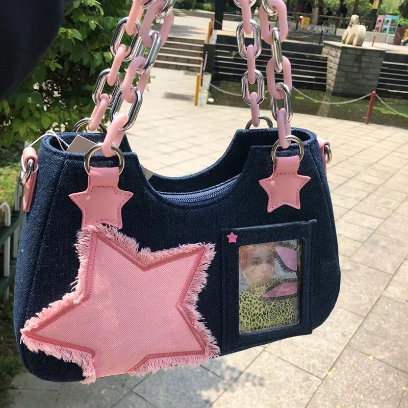 Amblot Dark Blue Denim handbag with star patches