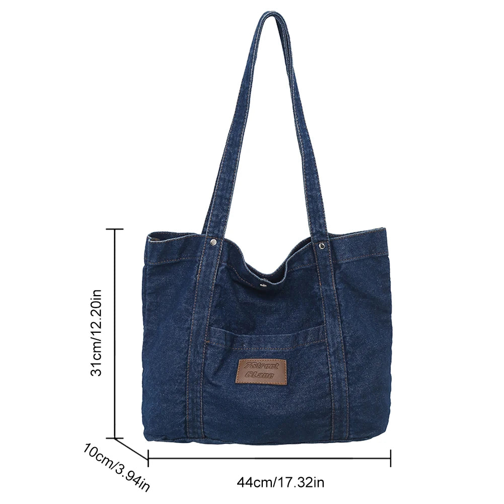 Amblot Dark Blue Fashion denim tote bag with leather patch