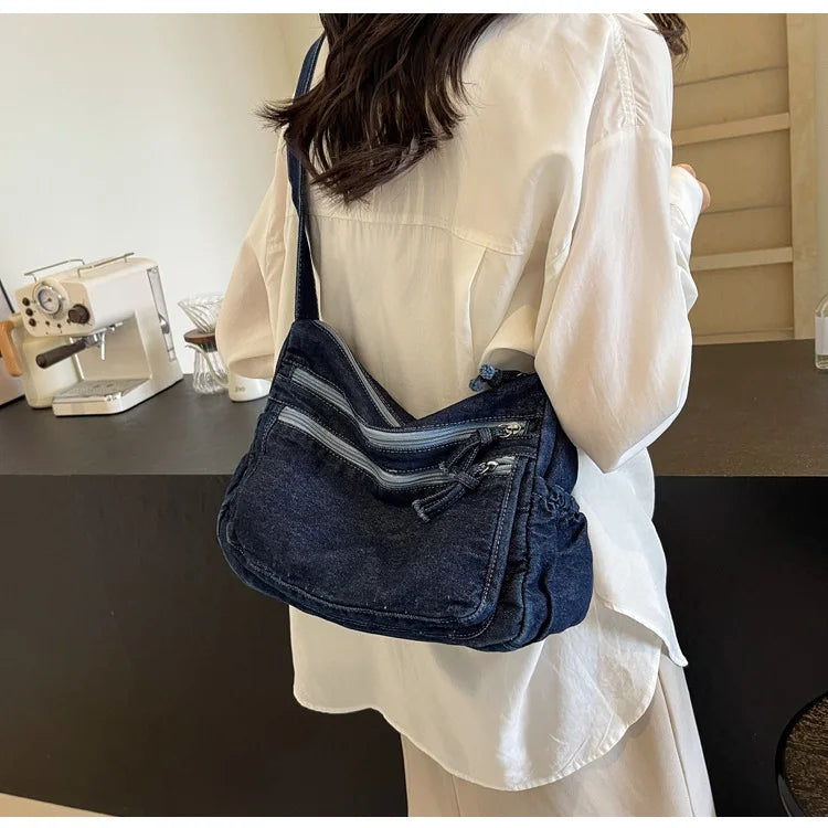 Amblot Dark Blue Multi-pockets denim shoulder bag for women