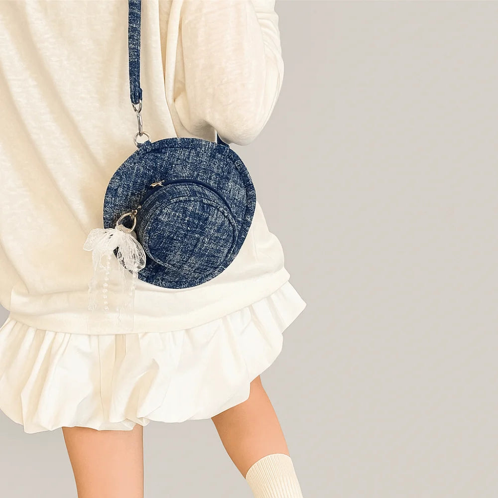 Amblot Dark Blue Round denim crossbody bag with fringe and zip closure