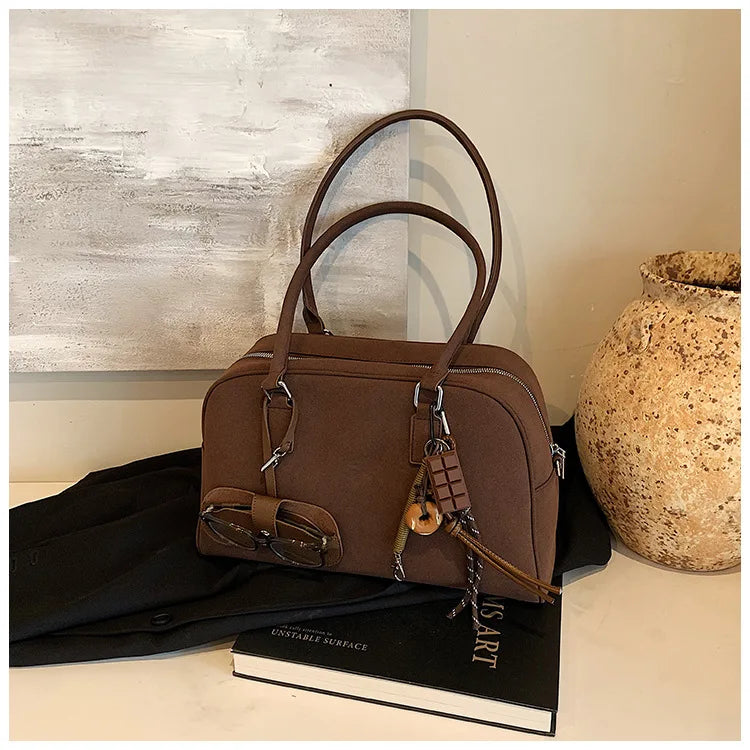 Amblot Dark Brown Large suede tote bag with zip-top closure