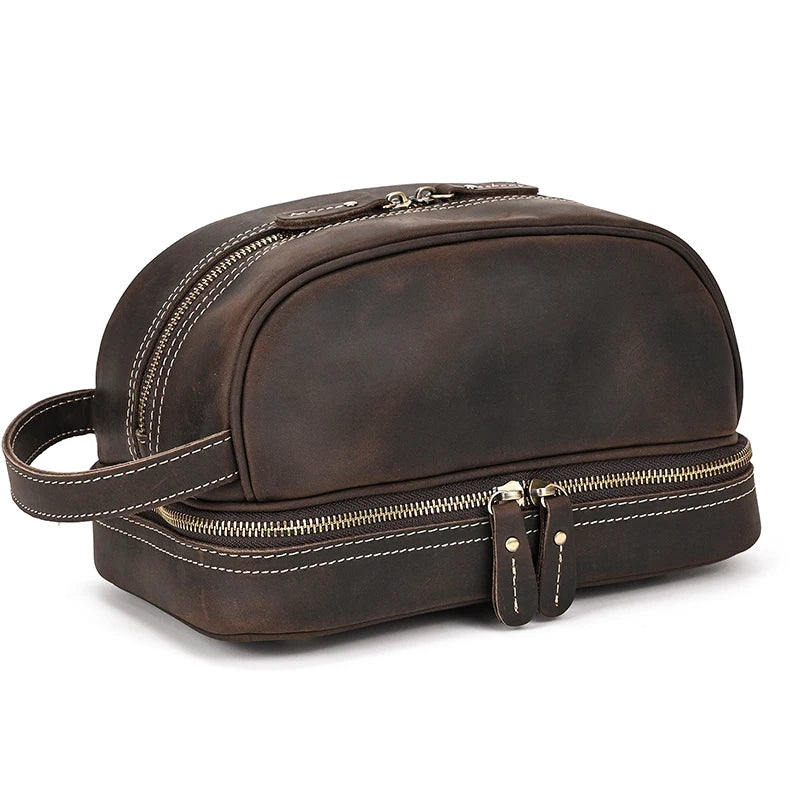 Amblot Dark Brown Leather cosmetic and toiletry bag