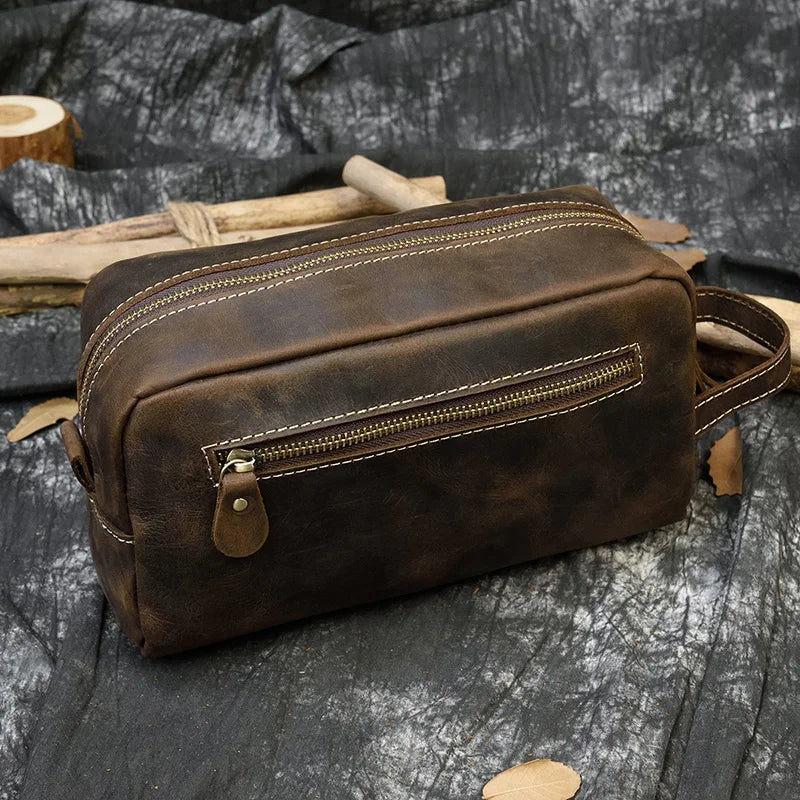 Amblot Dark Brown Leather grooming travel bag