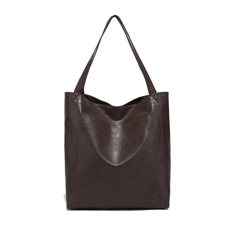 Amblot Dark Coffee Large capacity leather tote bag with pocket