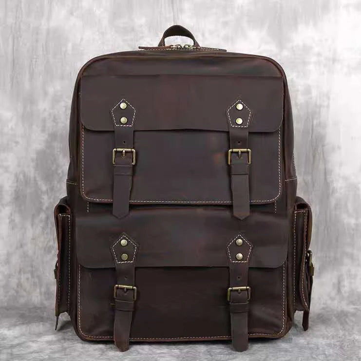 Amblot Dark Coffee Large leather rucksack with buckles