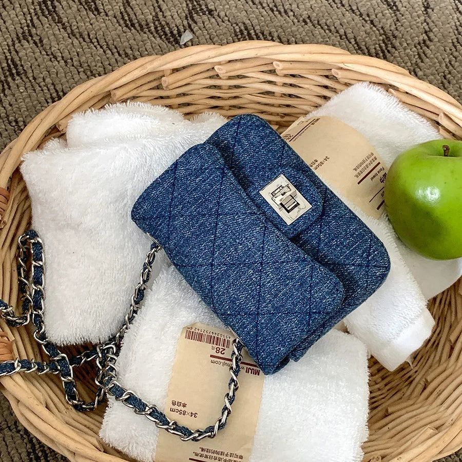 Amblot Deep Blue Vintage denim purse with chain strap for women