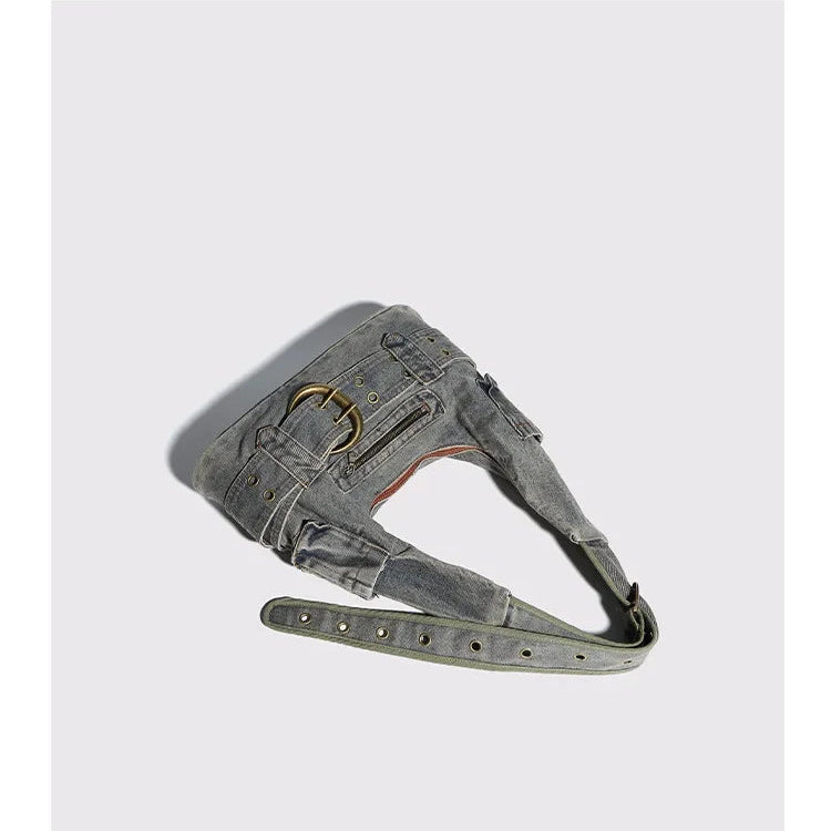 Amblot Distressed denim crossbody handbag with double zip