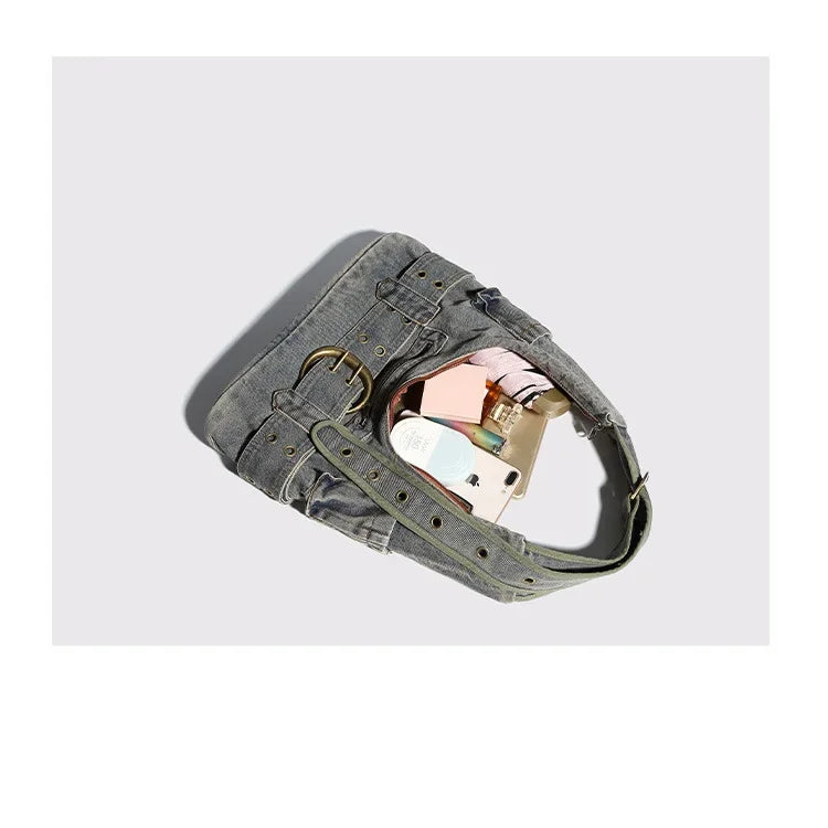 Amblot Distressed denim crossbody handbag with double zip