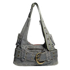 Amblot Distressed denim crossbody handbag with double zip