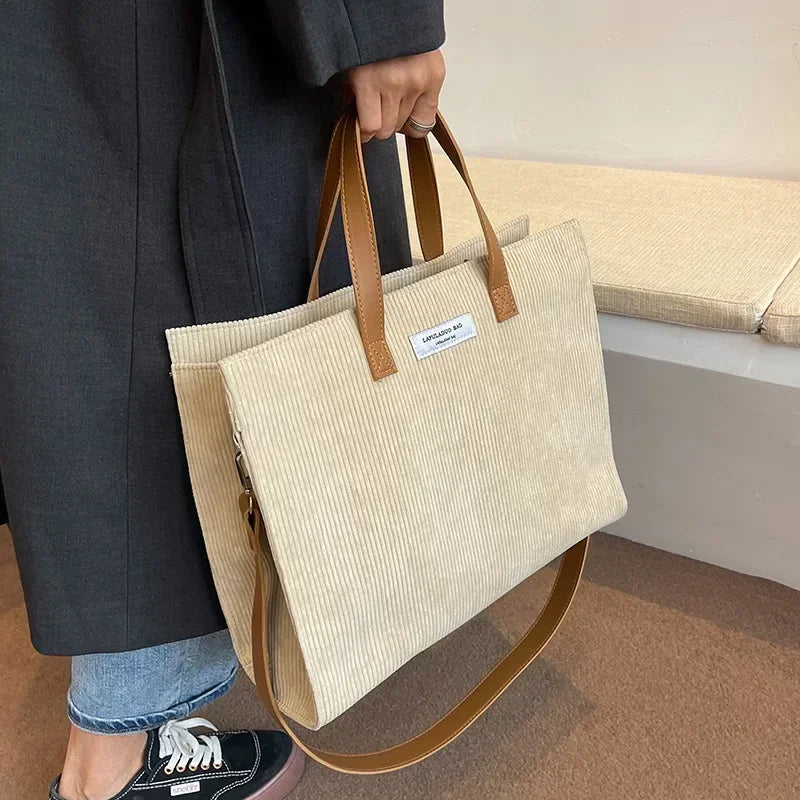 Amblot Elegant corduroy tote bag with leather handles