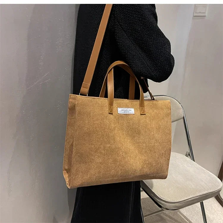 Amblot Elegant corduroy tote bag with leather handles