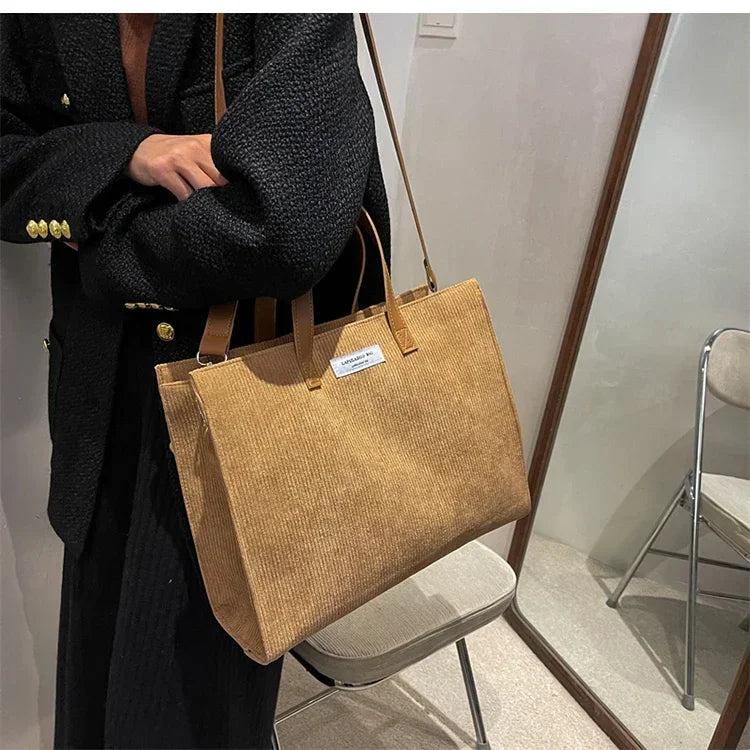 Amblot Elegant corduroy tote bag with leather handles