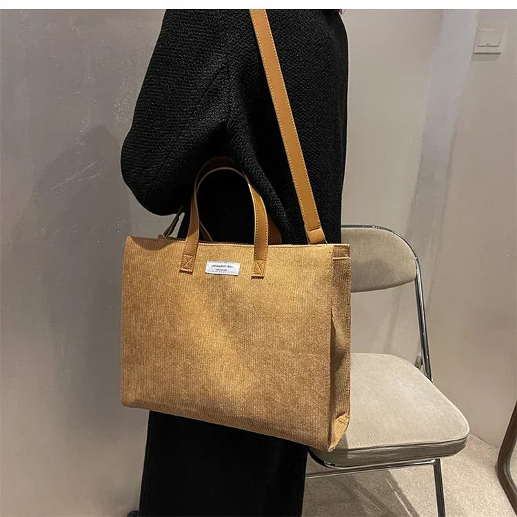 Amblot Elegant corduroy tote bag with leather handles