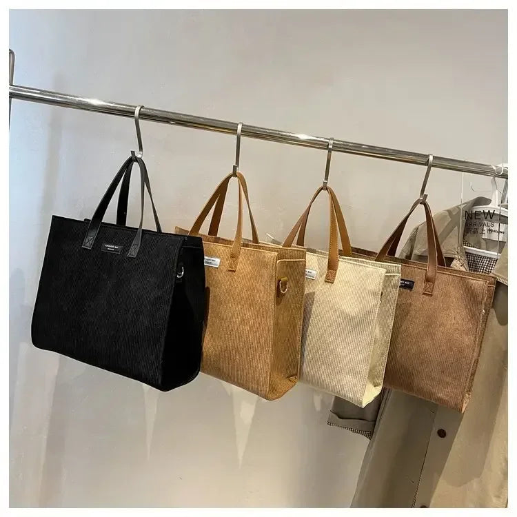 Amblot Elegant corduroy tote bag with leather handles