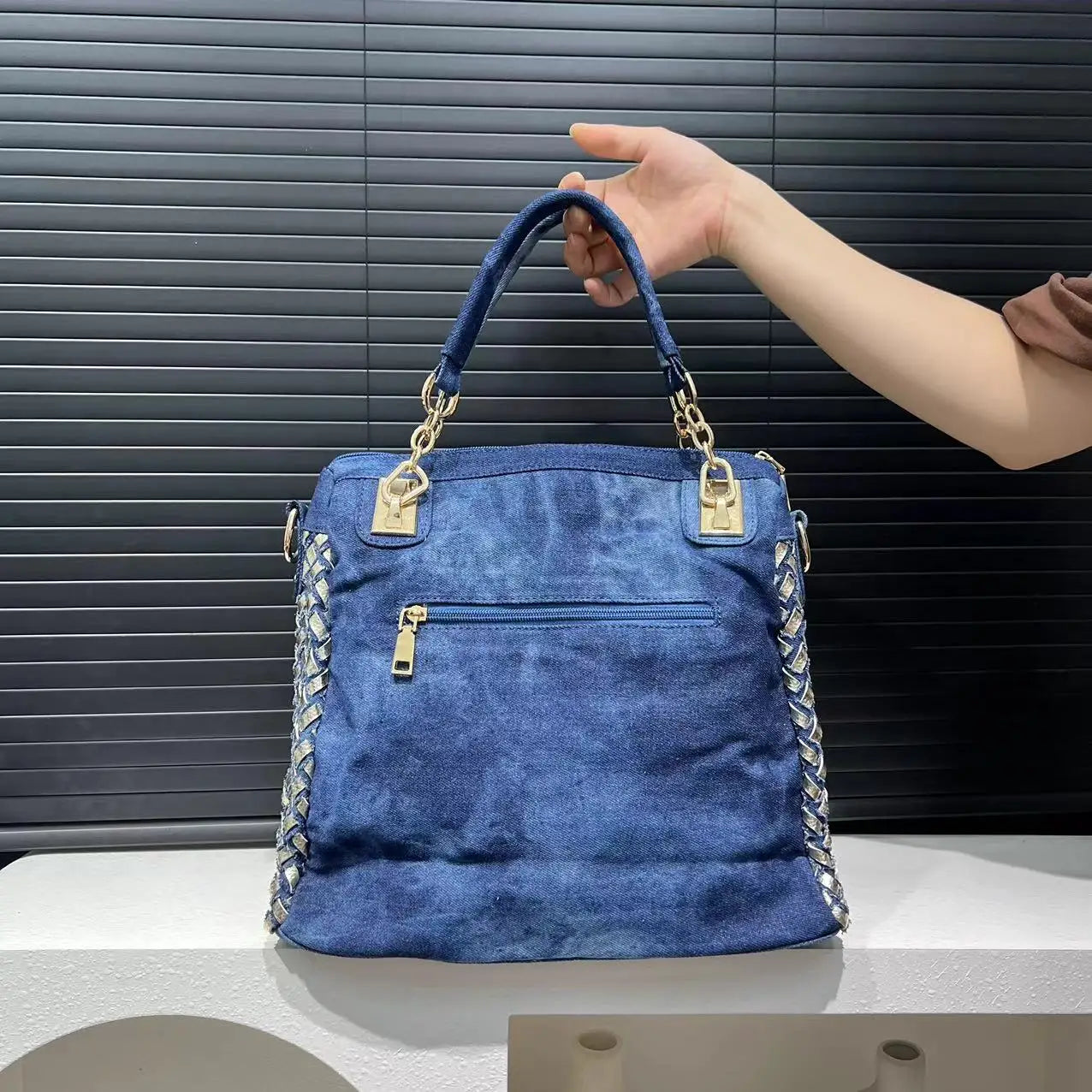 Amblot Elegant floral embroidered denim handbag with chain handle