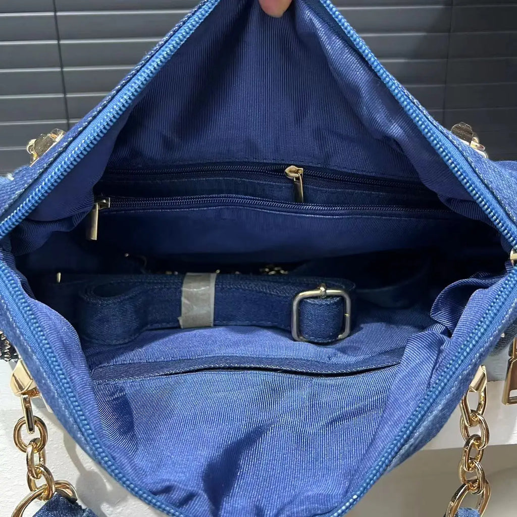Amblot Elegant floral embroidered denim handbag with chain handle