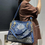 Amblot Elegant floral embroidered denim handbag with chain handle