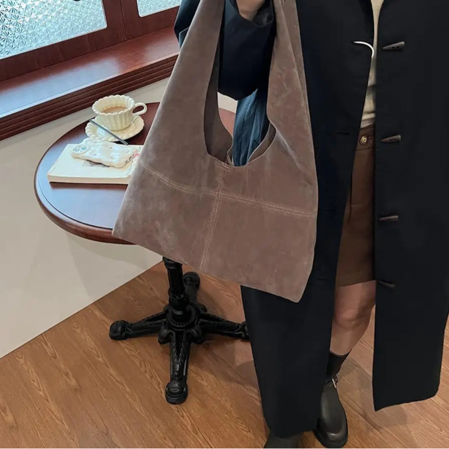 Amblot Gray Brown Slouch-style suede handbag