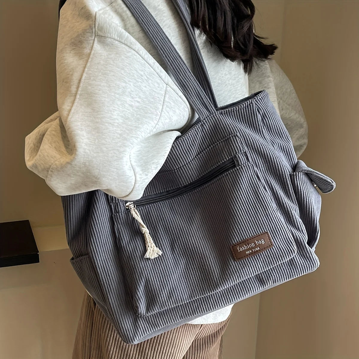 Amblot Gray Classic corduroy tote bag with external pockets