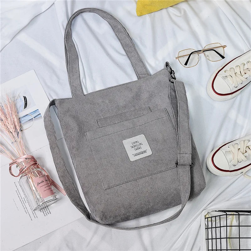 Amblot Gray Large capacity corduroy zipped tote bag with external pocket