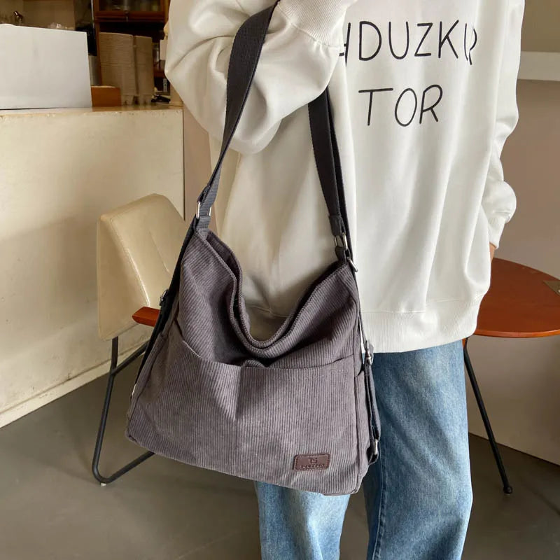 Amblot Gray Simple corduroy tote bag with long straps
