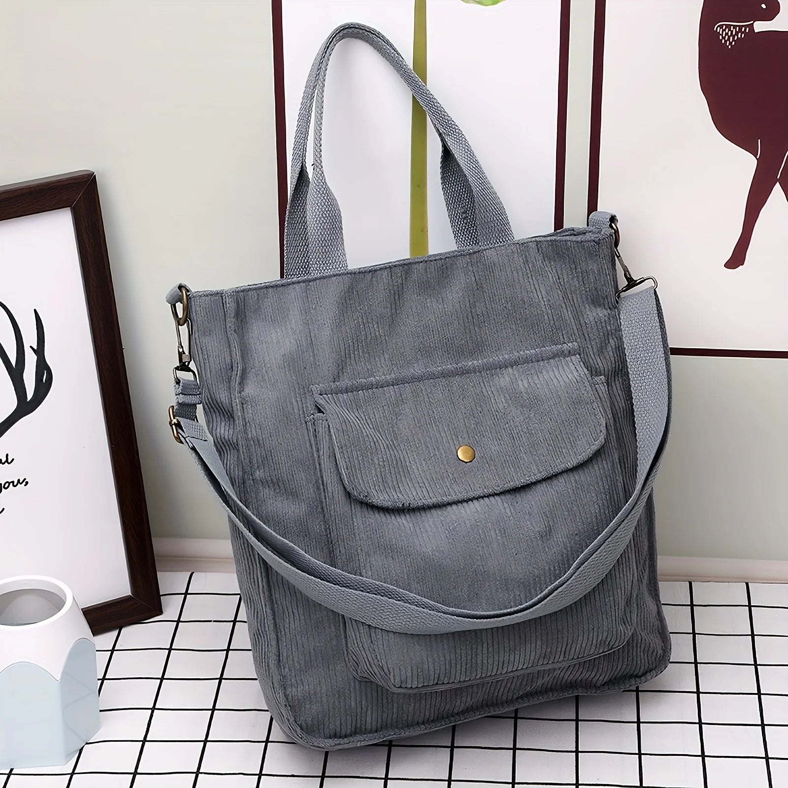 Amblot Gray Women's vintage corduroy tote bag