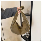Amblot Green Chic suede shoulder bag with decorative strass