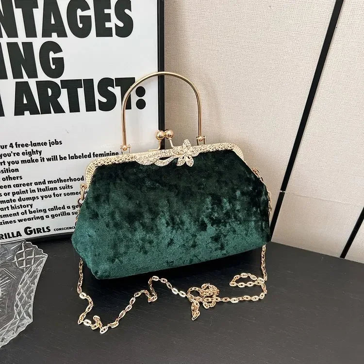 Amblot Green Corduroy evening clutch bag with wrist strap