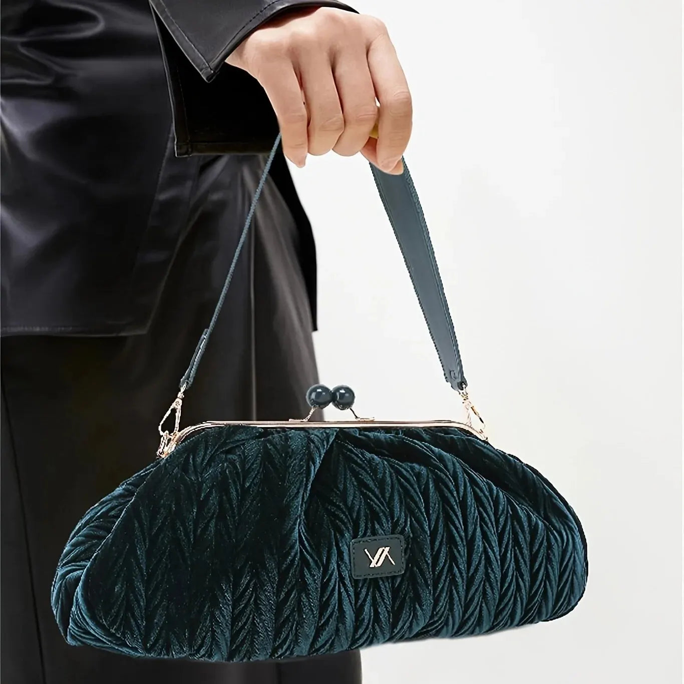 Amblot Green Corduroy handbag with vintage clasp design