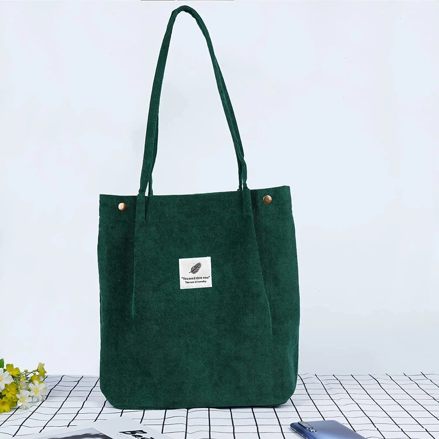 Amblot Green Corduroy tote bag for daily use