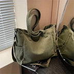 Amblot Green Corduroy tote bag with zipper closure and pockets