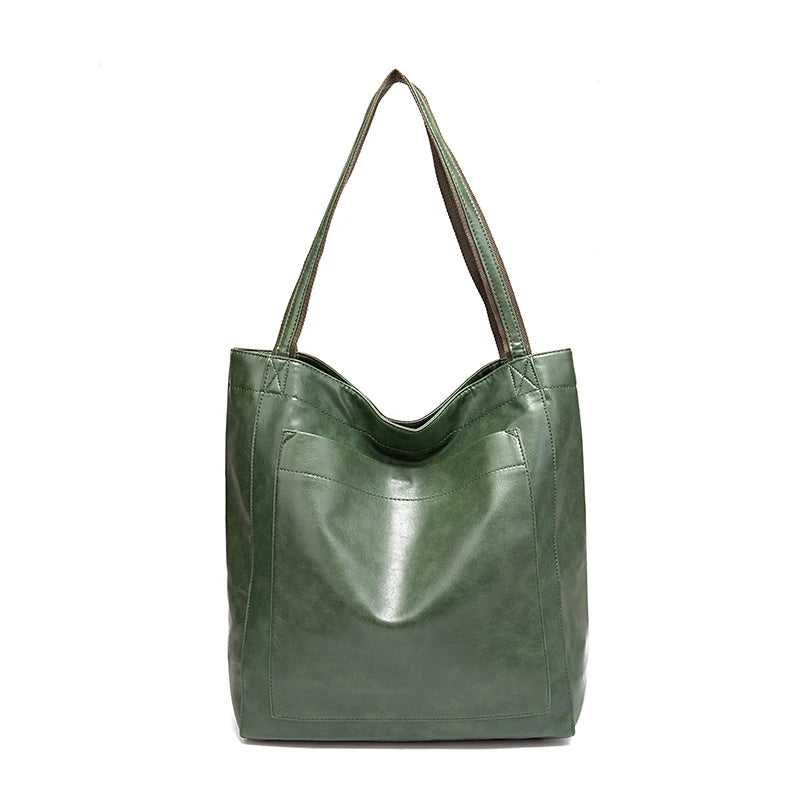 Amblot Green Large capacity leather tote bag with pocket