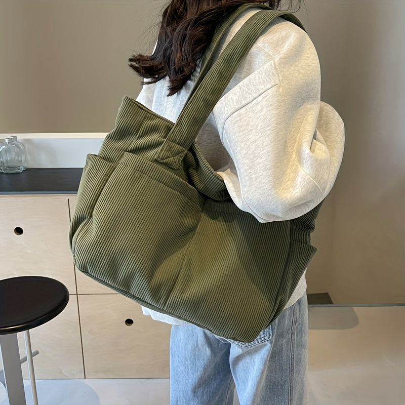 Amblot Green Large corduroy shoulder tote bag with multiple pockets