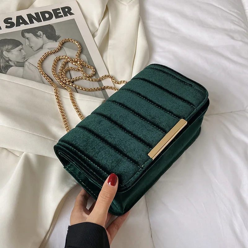 Amblot Green Luxury corduroy handbag with gold chain strap