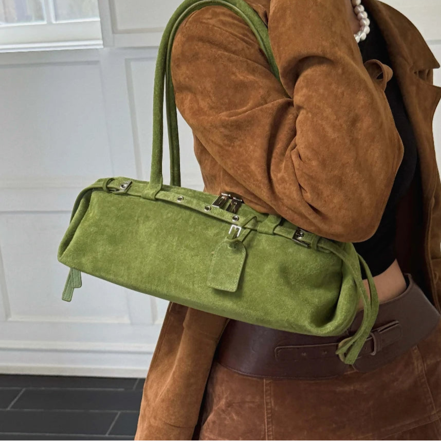 Amblot Green Rectangular suede handbag