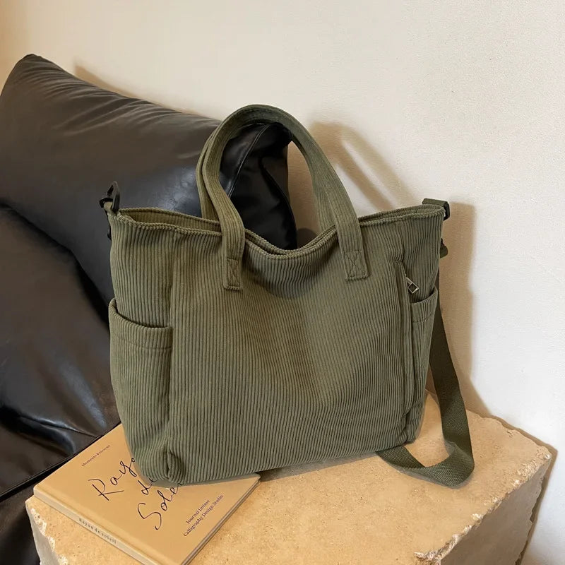 Amblot Green Versatile corduroy tote bag for women