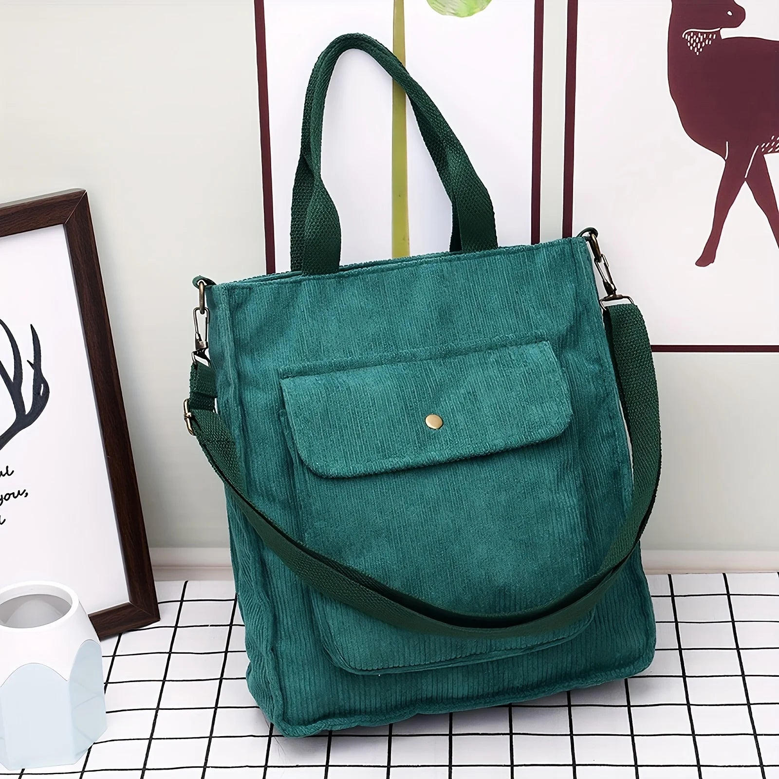 Amblot Green Women's vintage corduroy tote bag