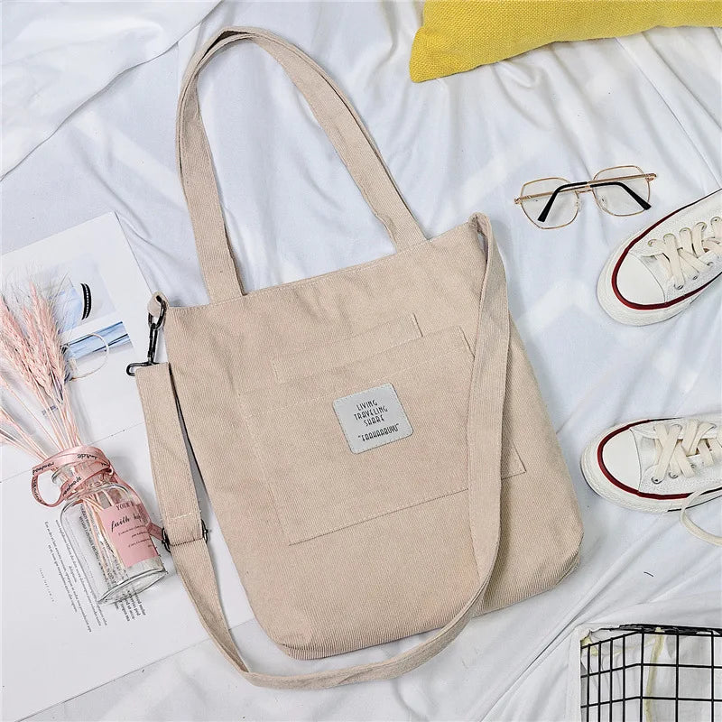 Amblot Khaki Large capacity corduroy zipped tote bag with external pocket
