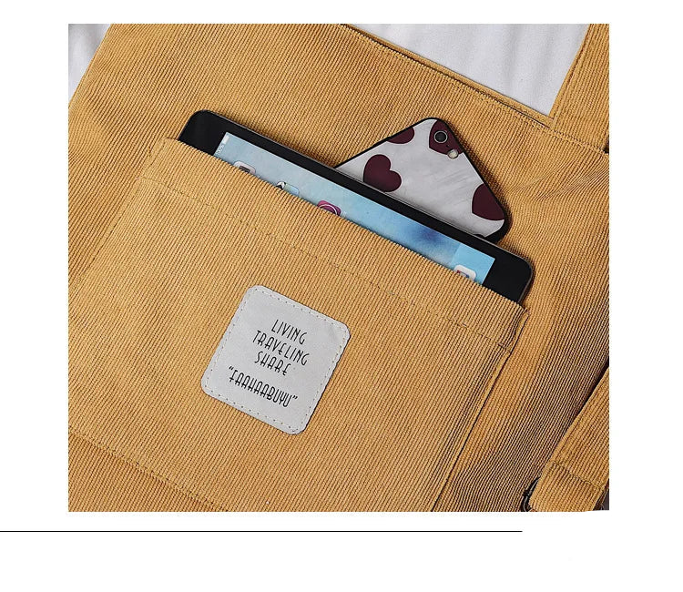 Amblot Large capacity corduroy zipped tote bag with external pocket